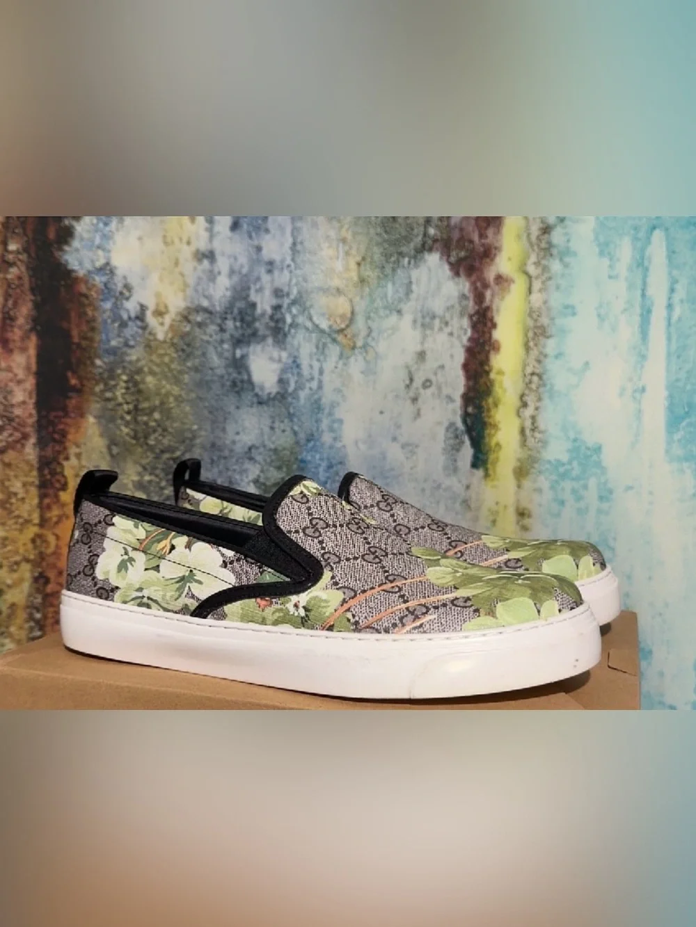Gucci Floral Slip-On Sneakers in Green and Black
